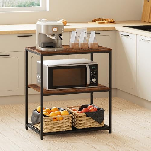 Homleke Kitchen Island with 3 Shelves, Kitchen Shelf with Large Workstation, Bakers Rack, Workbench, Metal Frame, Rustic Brown and Black