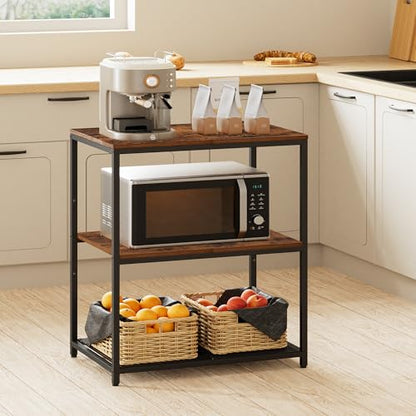 Homleke Kitchen Island with 3 Shelves, Kitchen Shelf with Large Workstation, Bakers Rack, Workbench, Metal Frame, Rustic Brown and Black