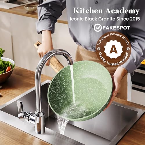 Kitchen Academy 17 Pieces Induction Cookware Set with Griddle, Green Granite Pots and Pans Set Non Stick, Healthy Nonstick Cooking Pans Set