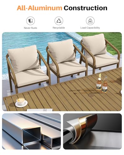 SEEHILL 9 Pieces Never-Rust Aluminium Outdoor Dining Set, Patio Table and Chairs for 8, Patio Dining Set with Rectangle Table, Outdoor Dining Chairs with Removable Cushions for Deck, Backyard, Teak