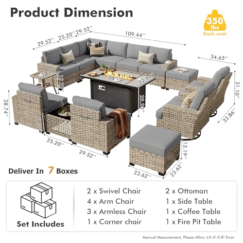 HOOOWOOO Outdoor Sectional Patio Furniture Set with Fire Pit Table,15 Pieces Wicker Conversation Sets L Shaped Couch,Extra Deep Out Door Sofa Outside Furniture with Swivel Chairs Ottoman,Charcoal Gray