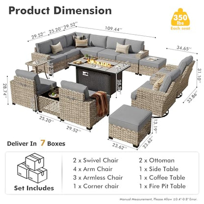 HOOOWOOO Outdoor Sectional Patio Furniture Set with Fire Pit Table,15 Pieces Wicker Conversation Sets L Shaped Couch,Extra Deep Out Door Sofa Outside Furniture with Swivel Chairs Ottoman,Charcoal Gray