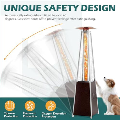 PATIOPIA 48,000 BTU Flame Pyramid Pool Heater With Cover, Triple Safety Protection Portable Patio Heater with Patio Cover, Warm Glass Tube with Durable Wheels-Brown