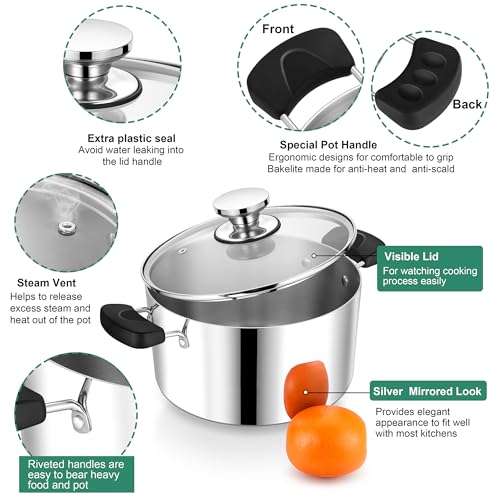 6 Quart 3-Ply Cooking Stock Pot with Lid, P&P CHEF Stainless Steel Large Pot for Pasta Soup, Work on Multi Stove, Heavy Duty & Dishwasher Safe, Dual Heat-resistant Handles & Transparent Glass Lid