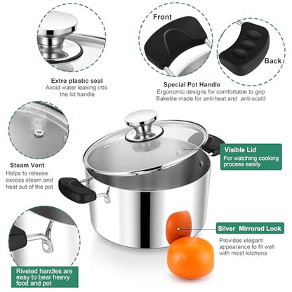 6 Quart 3-Ply Cooking Stock Pot with Lid, P&P CHEF Stainless Steel Large Pot for Pasta Soup, Work on Multi Stove, Heavy Duty & Dishwasher Safe, Dual Heat-resistant Handles & Transparent Glass Lid