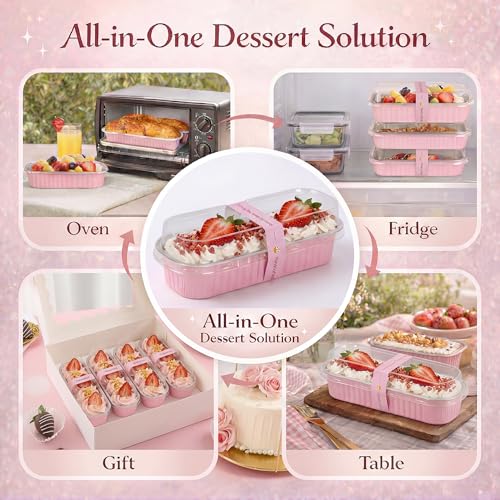 YQER 100 Pack Mini Loaf Pans with Lids and Spoons Sealing Sticker, 6.8oz Mini Cake Pans for Baking, Disposable Aluminum Foil Loaf Pans, Pink Loaf Baking Pans, Small Cake Containers With Lids