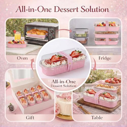 YQER 100 Pack Mini Loaf Pans with Lids and Spoons Sealing Sticker, 6.8oz Mini Cake Pans for Baking, Disposable Aluminum Foil Loaf Pans, Pink Loaf Baking Pans, Small Cake Containers With Lids