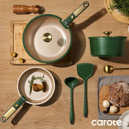 CAROTE Green&Gold Nonstick Cookware Set,15Pcs Pots and Pans Set Non Stick Detachable/Removable Handle,Kitchen Cooking Set Dishwasher Safe, RV Kitchen Pot and Pan, Induction Cookware