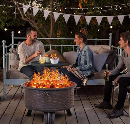 GRAND PATIO Fire Pits for Outside,Patio Outdoor Fire Pits, Round Deep Bonfire Wood Burning Fire Pit with Spark Screen Cover Safe Mesh Lid and Poker