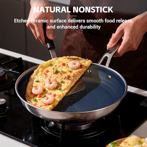 Ammeloo Hybrid Tri-Ply Stainless Steel Frying Pan Set, 8"/9.5"/11" Cooking Pans, Non Stick Frying Pans and Skillets, Chef Pan, Non Toxic, Dishwasher Safe, Induction Compatible, Blue Interior