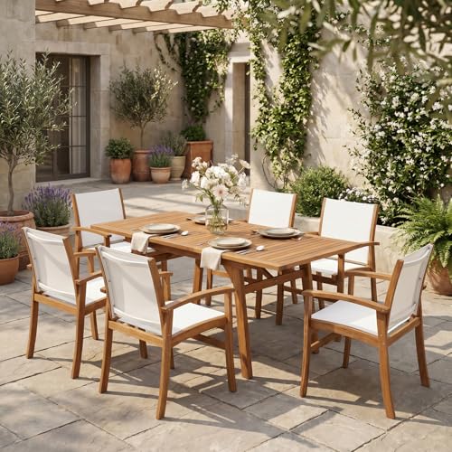 SUNSITT 7-Piece Outdoor Patio Dining Set w/Umbrella Hole, White