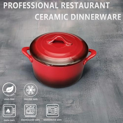 JINSONGDAFA Ceramic Mini Cocotte Set, 17.7 Ounces Small Casserole Dishes with Lids and Handles, Individual Baking Ramekins, Oven, Microwave & Dishwasher Safe (Inner white outer gradient Red glaze)