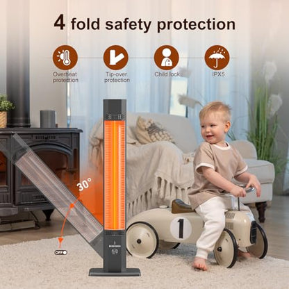AIRTHRYL 42 INCH Outdoor Patio Heater, 9 Heat Levels & 9 Hour Timer, 1500W, 1S Instant Heat, Infrared Heater with Child Safety Lock, IP65 Waterproof, Tip-Over for Outdoor Indoor Use, Black
