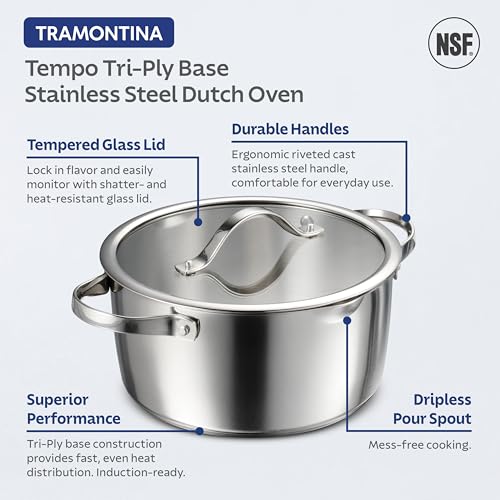 Tramontina Tempo Tri-Ply Base Stainless Steel 5-Quart Dutch Oven Pot with Glass Lid, Induction-Ready, Oven-Safe, Dishwasher-Safe