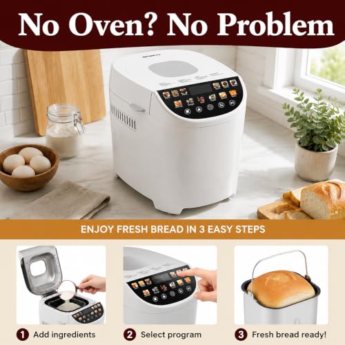 Smart Bread Maker, 2LB 12-IN-1 Automatic Bread Machine With Color Touchscreen, Gluten-Free Setting, Nonstick Pan, 2 Loaf Sizes, 13H Reserve & 1H Keep Warm (White)