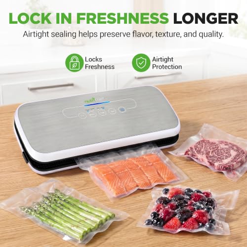 NutriChef Automatic Vacuum Air Sealing System for Food Preservation with Starter Kit, Compact Design, Lab Tested, Dry & Moist Food Modes with Led Indicator Lights, Silver