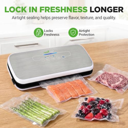 NutriChef Automatic Vacuum Air Sealing System for Food Preservation with Starter Kit, Compact Design, Lab Tested, Dry & Moist Food Modes with Led Indicator Lights, Silver