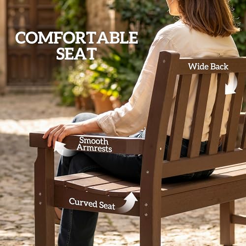 Outsunny Outdoor Bench, 49" All-Weather HDPE Garden Bench, 2-Person Patio Loveseat with 528 lbs Capacity, Curved Seat for Backyard, Park, Porch, Lawn, Park, Brown