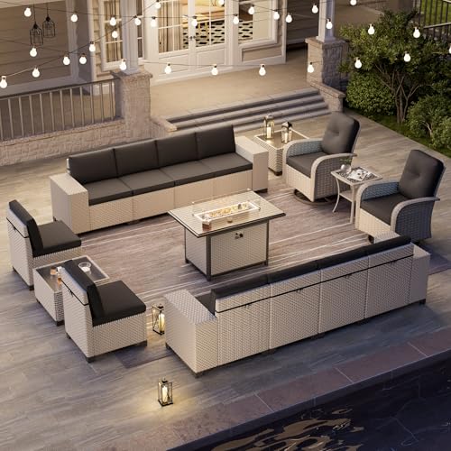 wallowsun 16-Piece Outdoor Patio Furniture Set, Modular Sectional Sofa Set with Swivel Rocker Chairs & Fire Pit, Wicker Outdoor Couch Conversation Sets w/Coffee Table and Cushions, Black
