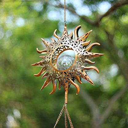 DesGully Solar Wind Chimes, Sun Wind Chime Outdoor Clearance w/Glowing Crackle Glass LED Unique Wind Bells for Outside Waterproof Chimes, Gifts for Her/Him (42" Long Metal Chimes)…