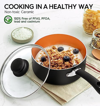 MICHELANGELO Nonstick Sauce Pan With Lid, 1QT&2QT Ceramic Saucepan, Copper Saucepans,PFAS-FREE Pot Set,Small Pots For Cooking,Multipurpose Cooking Pots Set For Home Kitchen,Dishwasher Safe