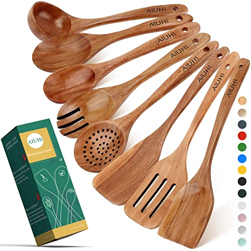 Wood Spoons for Cooking,Nonstick Kitchen Utensil Set,Wooden Spoons Cooking Utensil Set Non Scratch Natural Teak Wooden Utensils for Cooking(Teak 8 Pack)