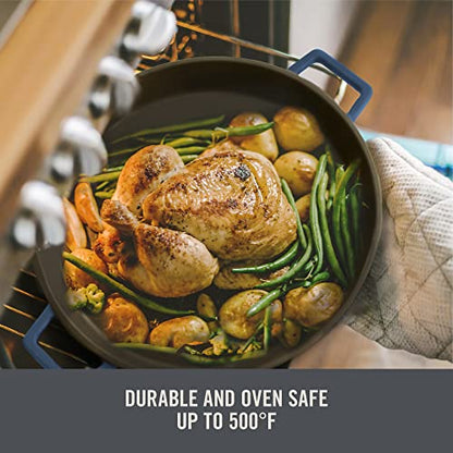 Zakarian by Dash 13 Inch Nonstick Cast Iron Dual Handle Pan, Titanium Ceramic Coated Frying Pan, Blue