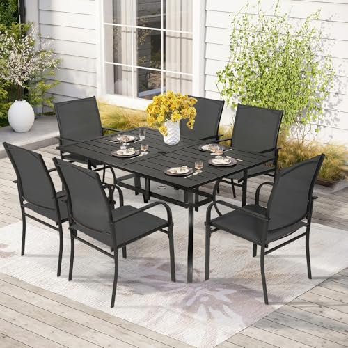 Crownland 7 Piece Patio Dining Set, Outdoor Textilene Dining Sets, 6 Textilene Metal Chairs and Rectangular Outdoor Dining Table with 1.57" Umbrella Hole,Black