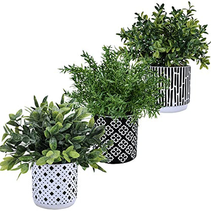 Winlyn 3-Pack Artificial Potted Plants - Faux Eucalyptus, Rosemary, Boxwood Greenery in Small Black & White Geometric Concrete Pots -Desk, Table, Shelf, Windowsill Decor for Indoor Outdoor Home Office