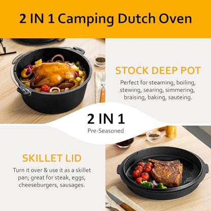 Velaze 10QT Camping Dutch Oven, Pre-Seasoned Cast Iron Camp Dutch Oven Pot with Lid, for Use in the Oven, on the Stove, Grill, or over the Campfire - Metal Handle, Lid Lifter, and Stand Support