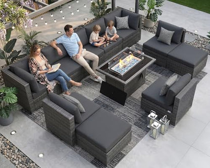 NICESOUL 11 Piece Extra Large Outdoor Furniture Sofa Set, Deep Wide PE Wicker Patio Modular Sectional with Fire Pit Table, 29.3'' High Back Modern Luxury All-Weather Rattan Conversation, Gray