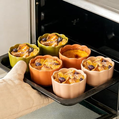 Krokori 6-Piece 6 Oz Scallop Ceramic Ramekins Set - Porcelain Baking Bowls with Elegant Scallop Rim for Creme Brulee, Souffle, Pudding, Ice Cream & Dipping, Oven-Safe, Durable & Space-Saving, Moss Green