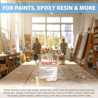 Custom Shop Paint Mixing Cups, 16-Ounce (Box of 36) - Plastic Measuring Cups for Liquids, Automotive Painting, Epoxy Resin, Acrylic Arts, Crafts, Disposable or Reusable, Graduated, Mixing Ratios