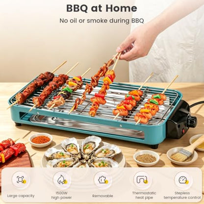 Electric Indoor Grill, 1500W Smokeless Barbecue BBQ Grill for Kitchen with Net, Fast Heat Up Power & Adjustable Temperature, for Beef, Salmon & Sausage Griddle