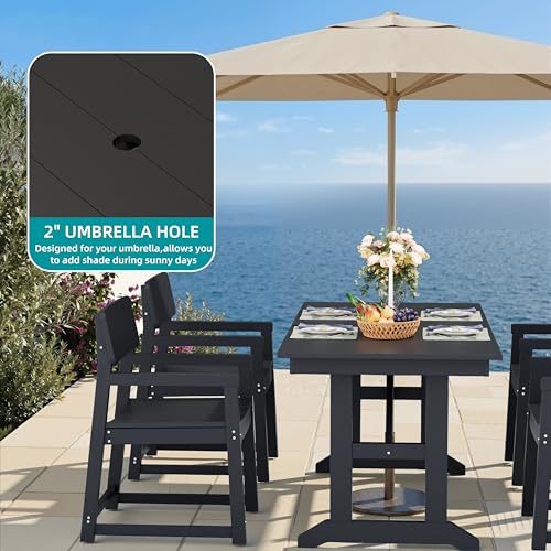 Shintenchi 7 Pieces Outdoor Dining Set,HDPE Outdoor Table and Chairs Set for 6,All Weather Patio Furniture Sets with Umbrella Hole,Modern Wooden Textured Dining Sets for Backyard,Garden,Black