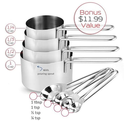 EATEX Stainless Steel Mixing Bowls with Measuring Cups & Spoons Set of 14 - Dishwasher Safe Nesting Mixing Bowl Set for Cooking, Baking & Meal Prep Non-Slip Premium Bowls