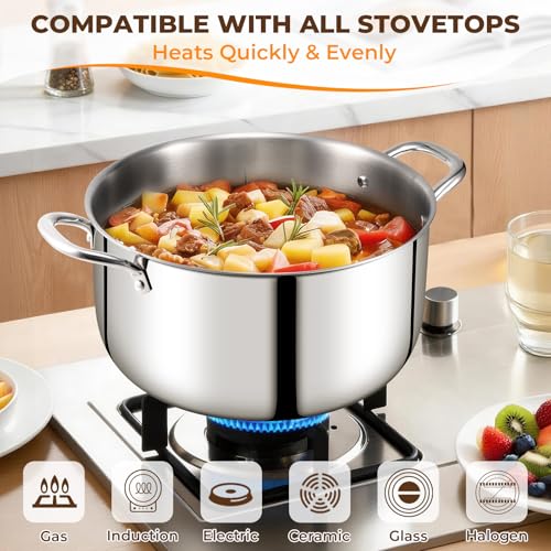 Tri-Ply Stainless Steel Stock Pot, 12 Quart Heavy Duty Induction Cooking Pot with Visible Lid for Pasta, Soup, Spaghetti, Sturdy & Double Handle, Dishwasher Safe