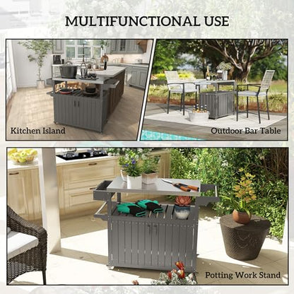 Outsunny Outdoor Bar Cart with Storage Cabinet, Stainless Steel Top Kitchen Island on Wheels, HDPE Outdoor Bar Table, Movable Patio Beverage Food Prep Table for BBQ Picnic, Dark Gray