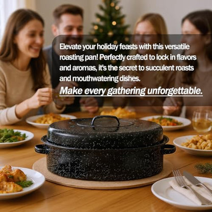 Turkey Roaster Pan 18in Roasting Pan With Lid Enamel Carbon Steel Roaster Pot with 16in Inner Diameter,18 Pound Large Capacity High Temperature Resistance Oval Cookware