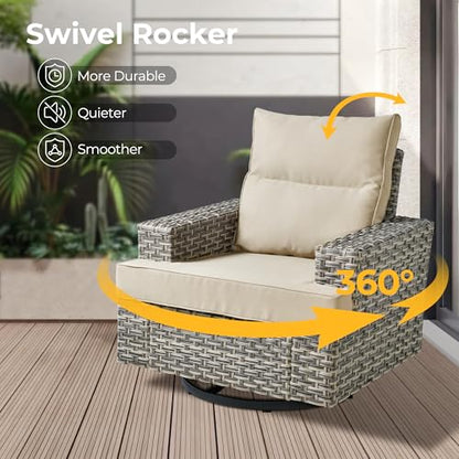 HOOOWOOO Sectional Patio Furniture Set with Fire Pit Table,15 Pieces Wicker Outdoor Furniture L Shaped Couch,Outside Conversation Set Extra Deep Seat Sofa Wide Arm Swivel Chairs Solar Light,Beige
