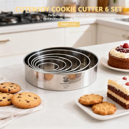 CUTENJOY 6 PCS Round Cookie Cutters (2, 3, 3.5, 4, 5, 6 Inch), Stainless Steel Biscuit Cutters For Baking, Large Circle Cookie Cutter for Baking, Pastry, Donuts, Fondant, Sandwich