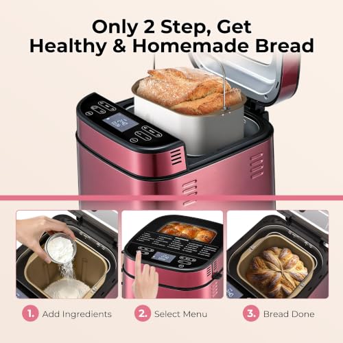 Rosewill 25-in-1 Automatic Bread Maker with Built-in Digital Scale, 3 Loaf Size up to 2.5LB, Beginner-Friendly w/ 700W High Power Dual Heater System, BPA-Free Nonstick Coating Pan - Pink Peppercorn