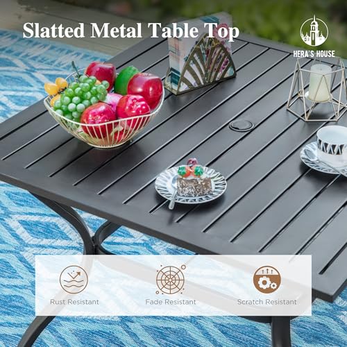 HERA'S HOUSE 5-Piece Patio Table and Chairs, Outdoor Dining Set for 4, Square Metal Table and Textilene Chairs with Umbrella Hole for Lawn Garden Backyard Deck, Brown