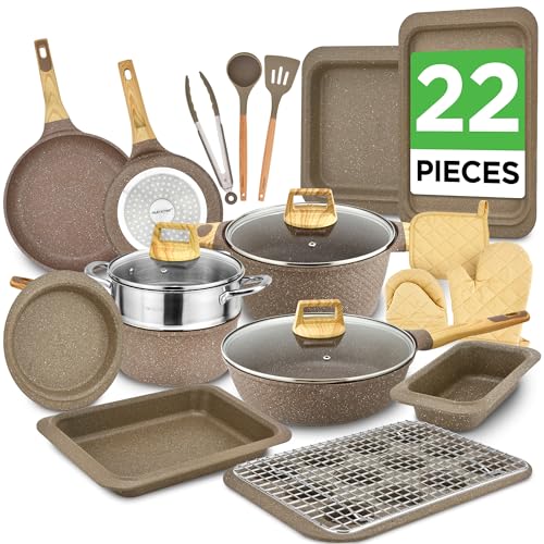Nutrichef 22-Piece Marble Non-Stick Cookware and Bakeware Set - Professional Home Kitchen Collection with Multi-Sized Pots, Pans, and Heat-Resistant Tools