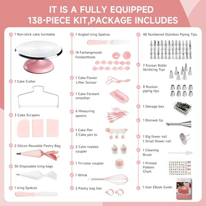 Cake Decorating Kit, 138pcs Cake Decorating Supply with Aluminium Cake Turntable, 64 Numbered Icing Piping Tips, 2 Spatulas, 3 Icing Comb Scraper and Leveller, 32 Piping Bags,cake decorating tool