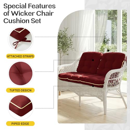 1 MIDDLE ONE Wicker Chair Cushions 3 Pieces Set for Outdoor Furniture, Replacement Patio Wicker Furniture Cushions, 1Pc Loveseat Cushion & 2Pcs Chair Cushions (Burgundy)