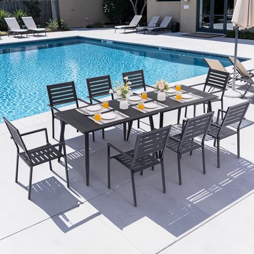 AZXZCS 10-Piece Outdoor Dining Set - Two 47.25" HDPE Patio Tables and 8 Stackable Armrest Chairs - All-Weather Rust-Proof Steel Frame for Garden, Deck(Black)