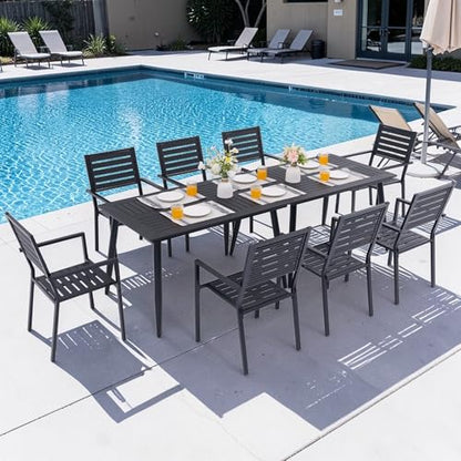 AZXZCS 10-Piece Outdoor Dining Set - Two 47.25" HDPE Patio Tables and 8 Stackable Armrest Chairs - All-Weather Rust-Proof Steel Frame for Garden, Deck(Black)