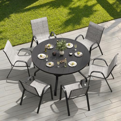 Soohow Outdoor Dining Set for 6, 7-piece Outdoor Patio Dining Set 6 x Stackable Patio Chairs & 1 x Round Table with Umbrella Hole, All-Weather Outside Table and Chairs for Backyard, Balcony, Porch