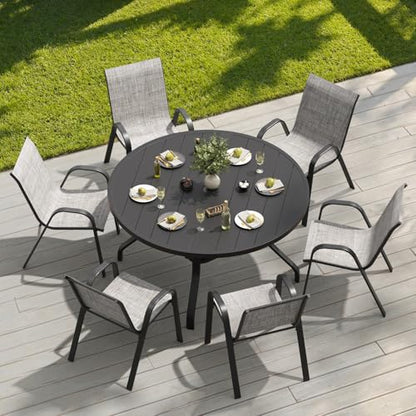 Soohow Outdoor Dining Set for 6, 7-piece Outdoor Patio Dining Set 6 x Stackable Patio Chairs & 1 x Round Table with Umbrella Hole, All-Weather Outside Table and Chairs for Backyard, Balcony, Porch